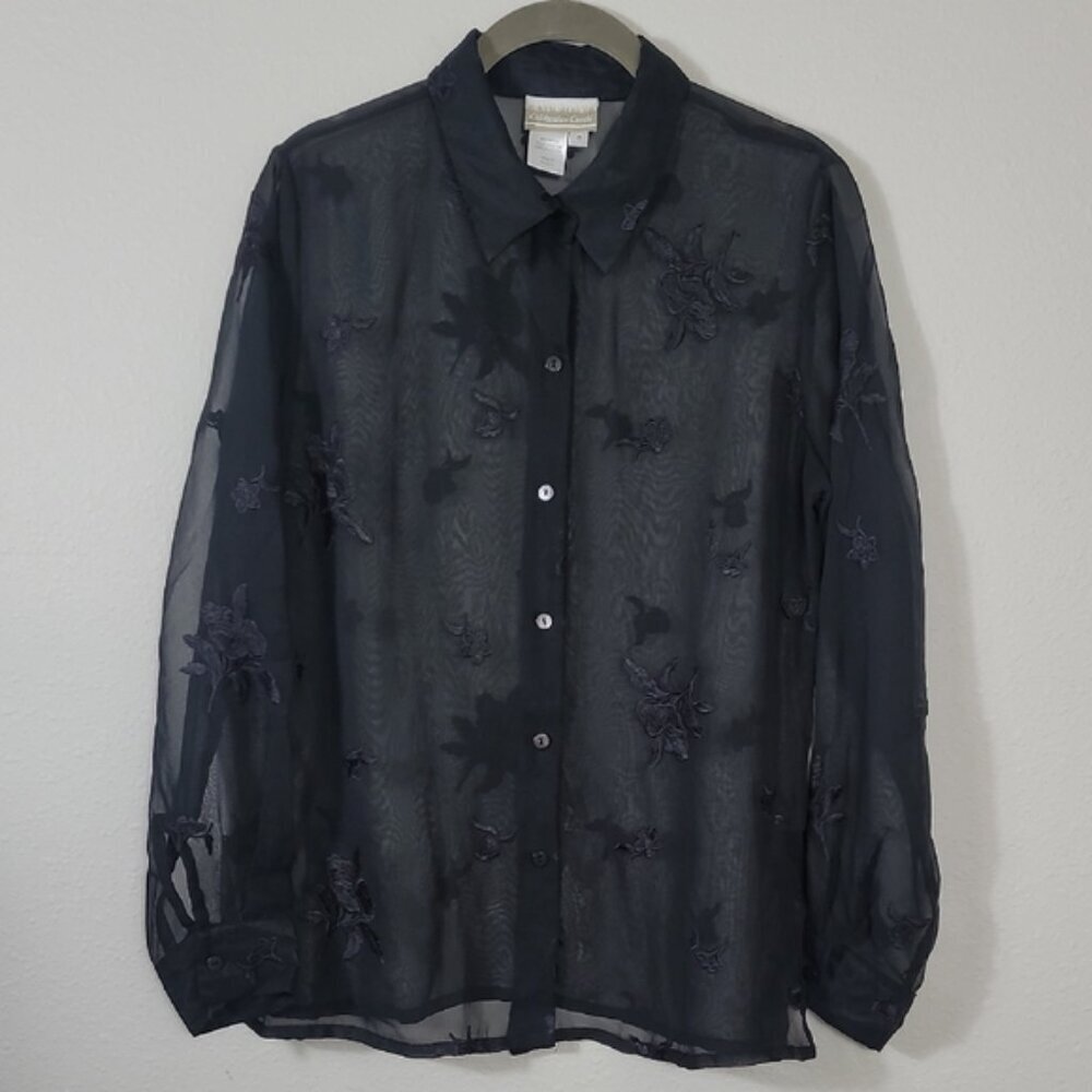 Vintage Coldwater Creek Sheer Embroidered Button Up Top Size S Black Whimsigoth